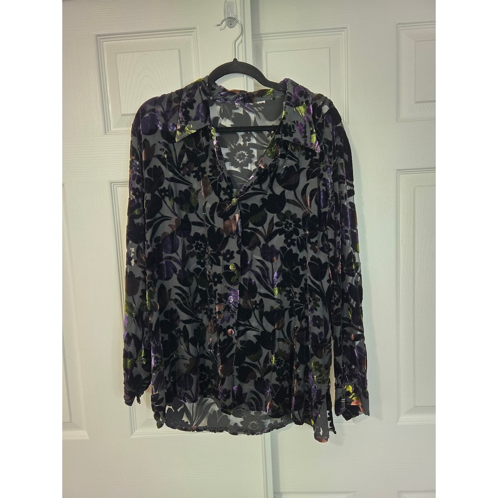 Vintage Sheer Burnout Velvet Floral Button Up Blouse Purple Black Long Sleeve